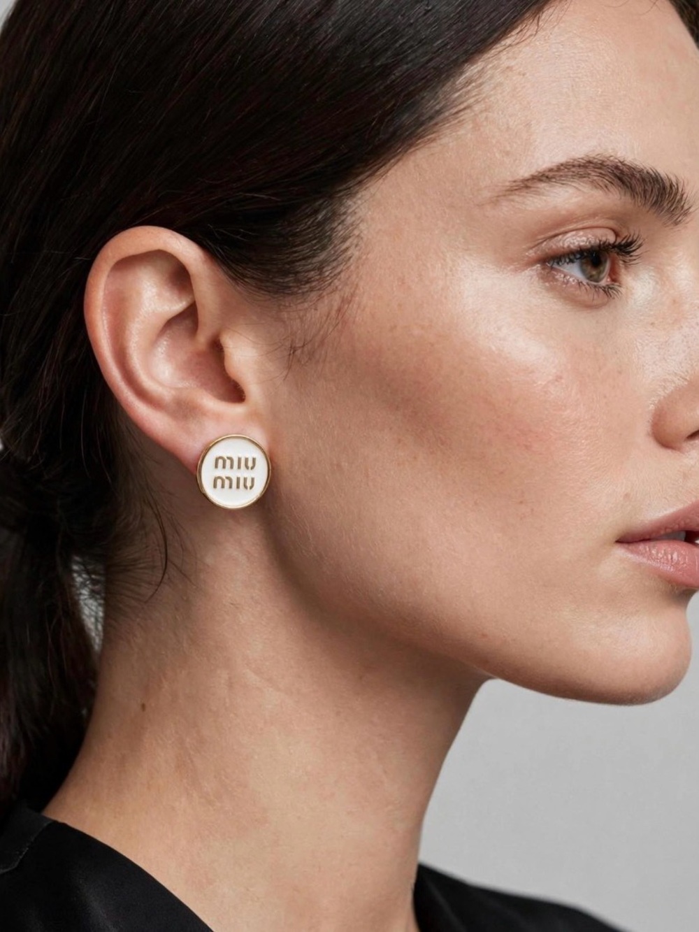 White and Gold Logo Disc Stud Earrings